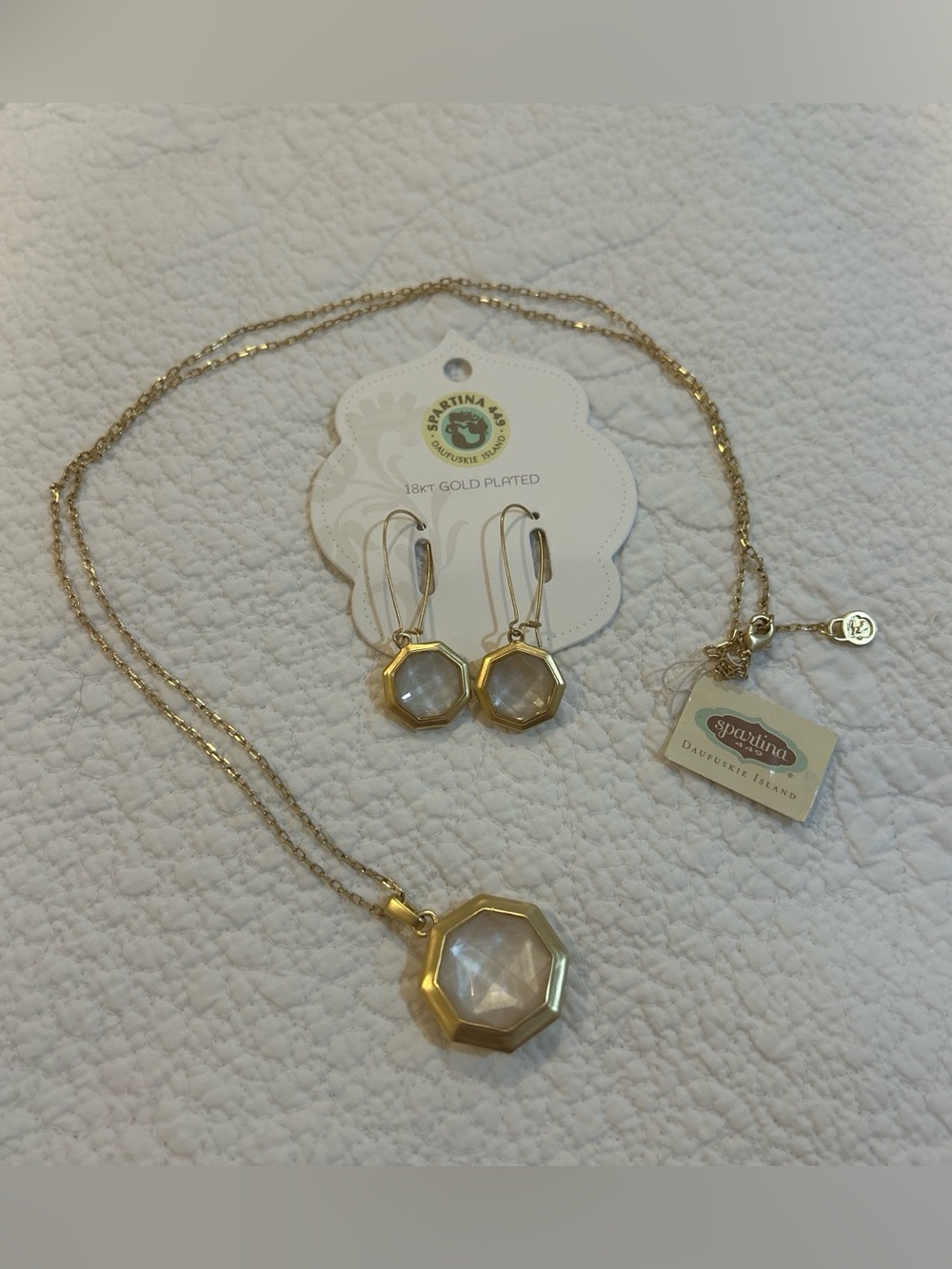 Spartina 449 Gold Octagon Pendant Necklace with Matching Drop Earrings